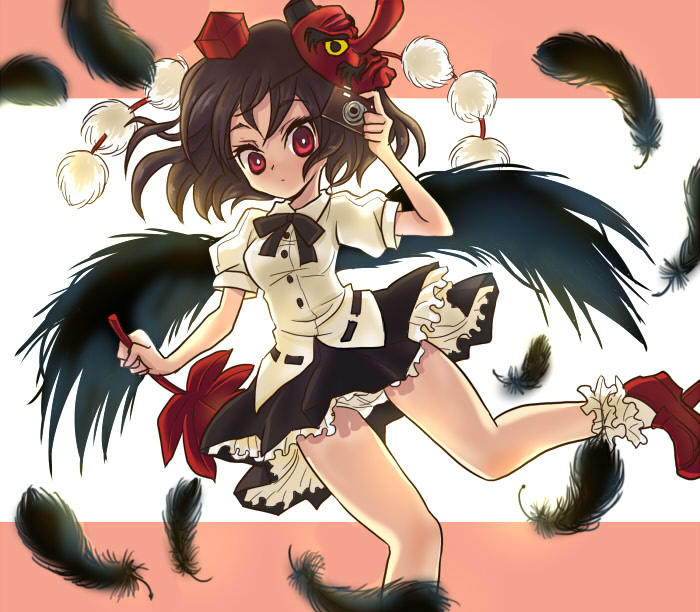 girotin ginza, shameimaru aya, touhou, 1girl, black hair, black wings, brown hair, camera, feathers, female focus, geta, hat, looking at viewer, mask, panties, pantyshot, red eyes, short hair, solo, tengu-geta, tengu mask, tokin hat, underwear, wings