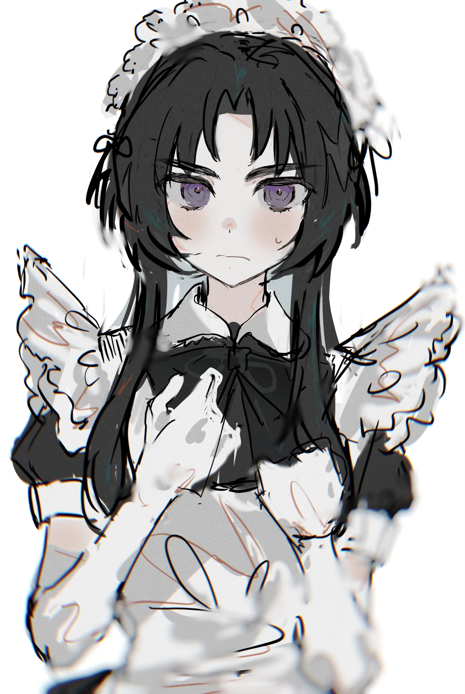 imamiya pinoko, original, highres, 1boy, ayase ayato (imamiya pinoko), black hair, crossdressing, crossdressing (mtf), elbow gloves, gloves, long hair, maid, maid headdress, male maid, purple eyes, solo, sweatdrop, trap, white background, white gloves