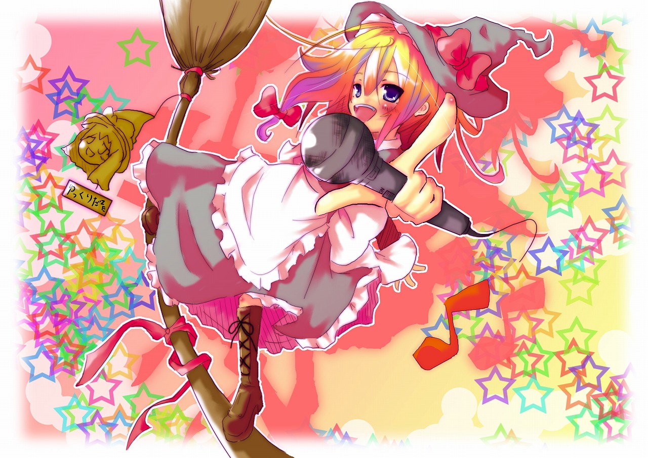 mito (calcomer), kirisame marisa, touhou, bad id, bad pixiv id, 1girl, blonde hair, broom, female focus, full body, hat, microphone, solo, witch, witch hat, yukkuri shiteitte ne