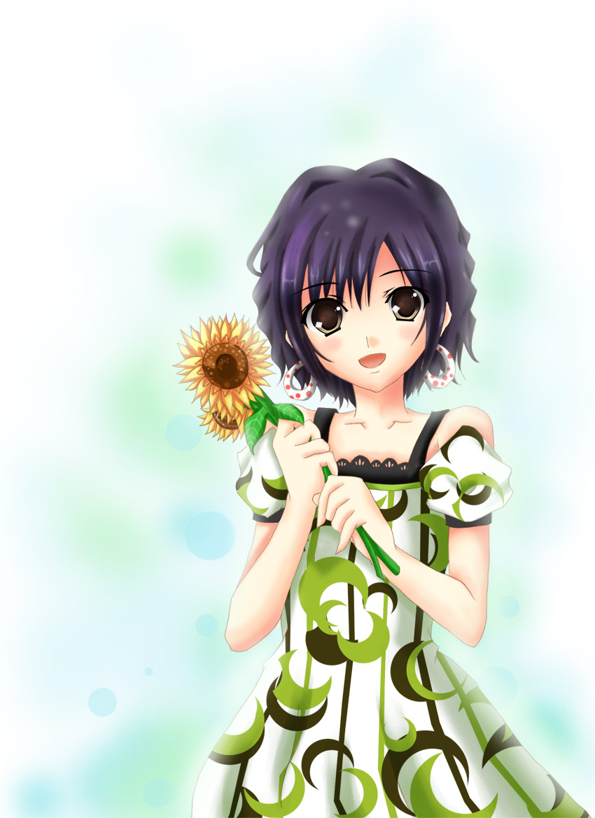 kazumi1904, original, bad id, bad pixiv id, brown eyes, brown hair, flower, purple eyes, purple hair, short hair, solo, sunflower