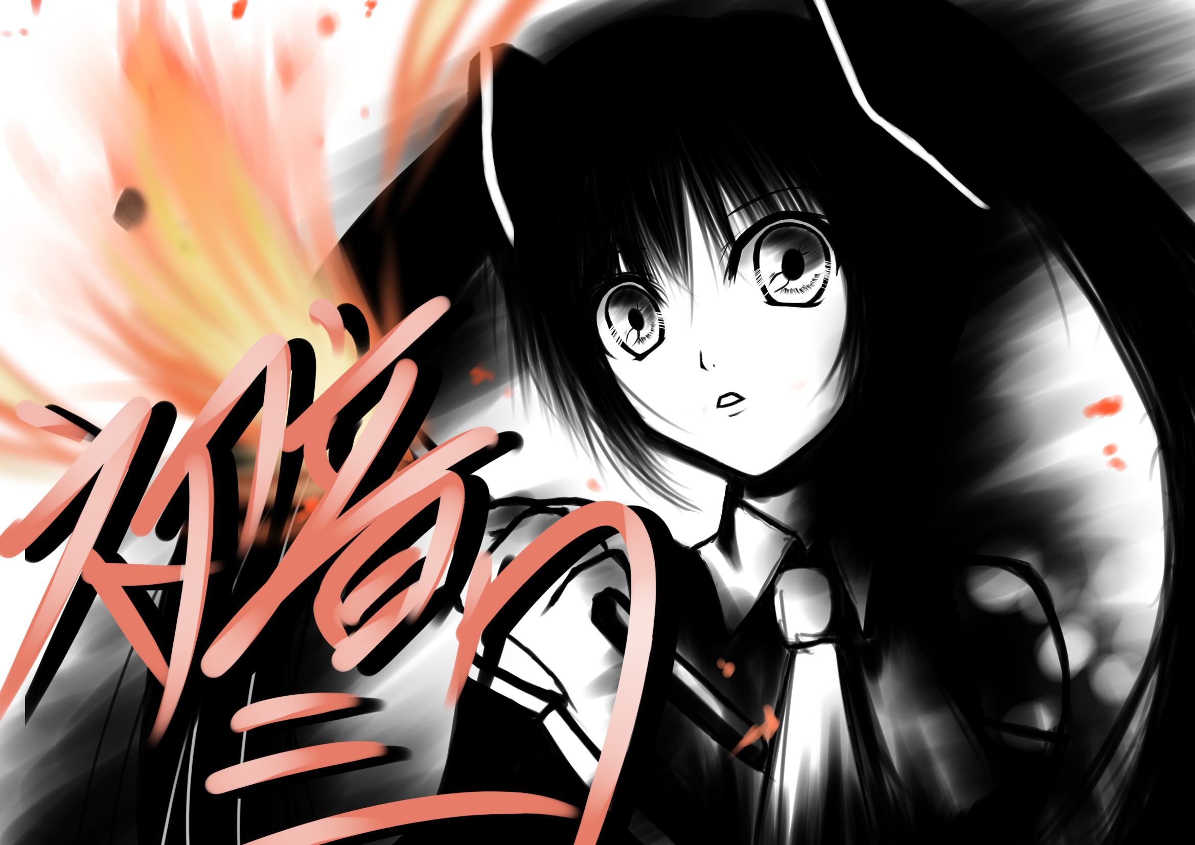 kazumi1904, hatsune miku, vocaloid, bad id, bad pixiv id, highres, fire, necktie, solo, twintails