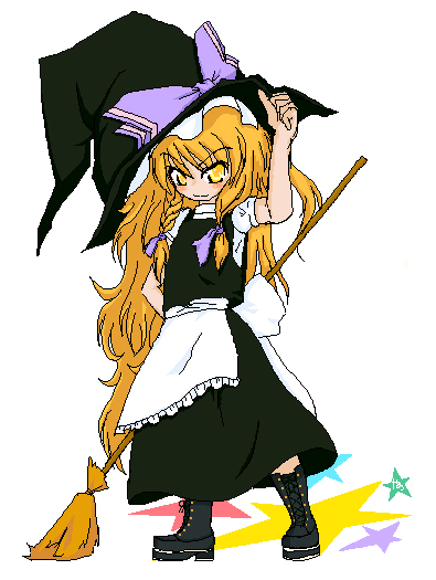 yano, kirisame marisa, touhou, bad id, bad pixiv id, 1girl, blonde hair, broom, female focus, full body, hat, skirt, solo, white background, witch, witch hat, yellow eyes