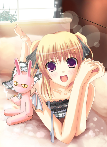 kazumi1904, original, bad id, bad pixiv id, barefoot, blonde hair, purple eyes, solo, stuffed animal, stuffed toy
