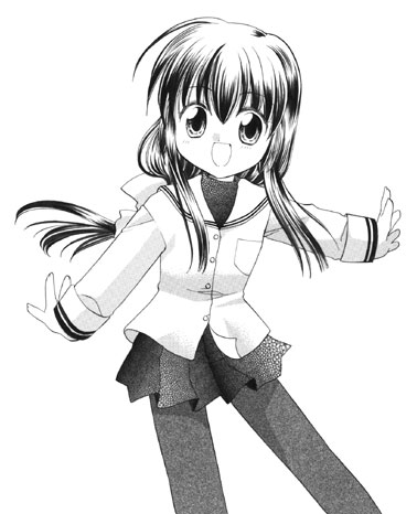 ibuki fuuko, clannad, lowres, 00s, greyscale, monochrome, pantyhose, school uniform, serafuku, solo