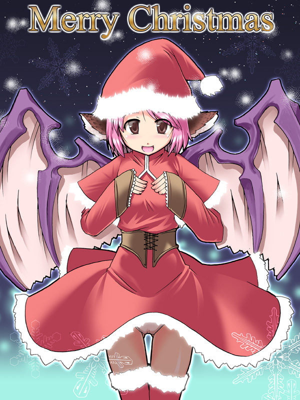 you naka, mystia lorelei, touhou, 1girl, alternate costume, animal ears, christmas, female focus, hat, panties, panties under pantyhose, pantyhose, pantyshot, pink hair, santa costume, santa hat, solo, underwear, wings