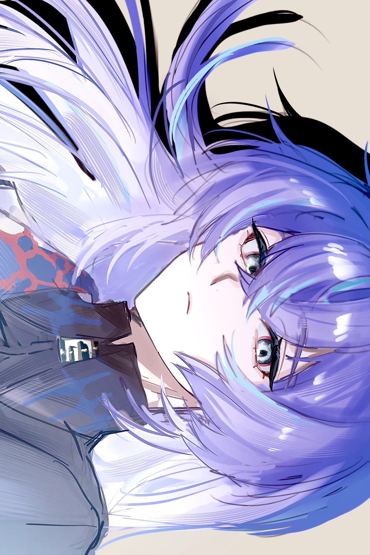 hoshirube sho, hoshirube sho (1st costume), nijisanji, highres, 1boy, black shirt, blue eyes, blue hair, closed mouth, collared shirt, expressionless, hair between eyes, jacket, long hair, looking at viewer, male focus, multicolored hair, portrait, purple hair, shirt, sideways, simple background, solo, zzzrle