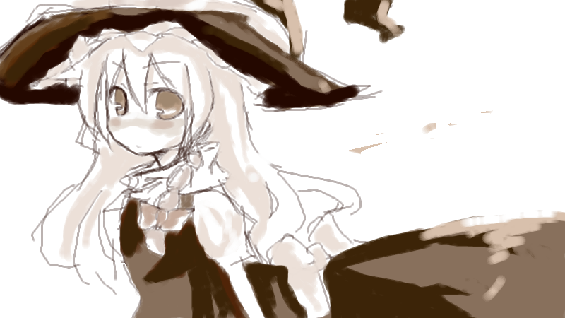 yaho (pixiv), kirisame marisa, touhou, bad id, bad pixiv id, 1girl, brown theme, female focus, hat, monochrome, solo, witch, witch hat