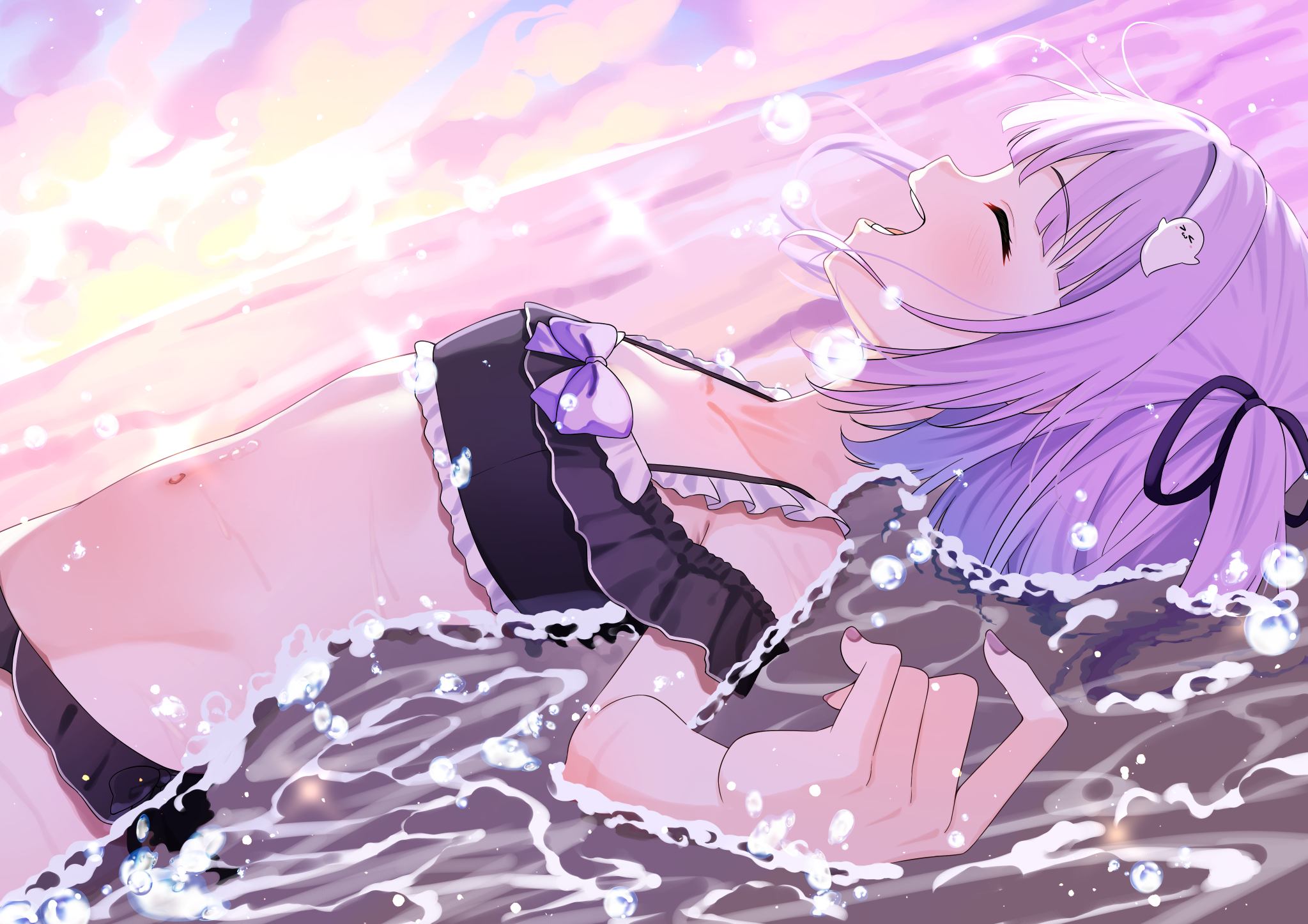 syurimp, shinomiya runa, vspo!, commentary, hashtag-only commentary, highres, 1girl, bikini, black bikini, black ribbon, blush, closed eyes, frilled bikini, frills, ghost hair ornament, hair ribbon, lying, navel, on back, open mouth, purple hair, purple nails, ribbon, smile, solo, swimsuit, teeth, virtual youtuber, water