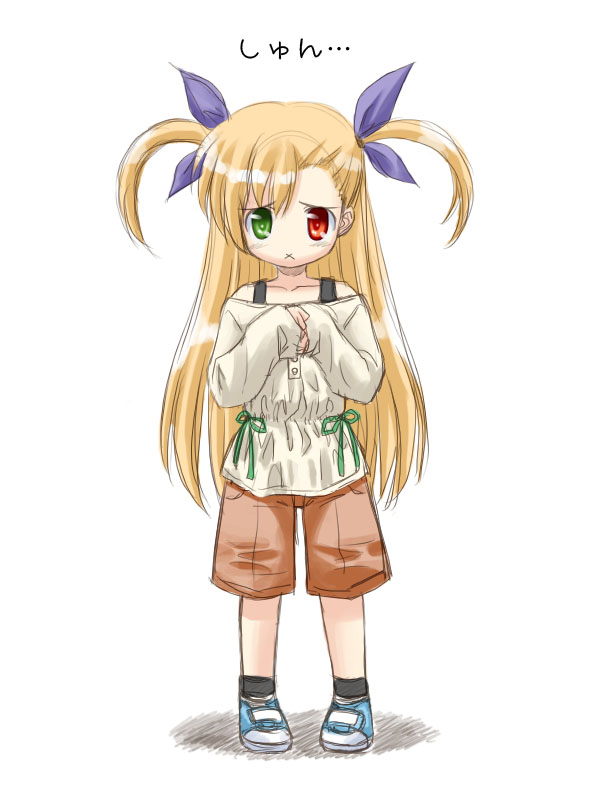 kakitsubata tsukune, vivio, lyrical nanoha, mahou shoujo lyrical nanoha, mahou shoujo lyrical nanoha strikers, 00s, blonde hair, hair ribbon, heterochromia, long hair, ribbon, solo, twintails, two side up, x mouth