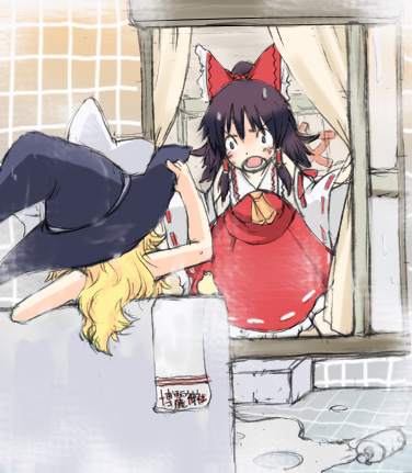 fujisaki hikari, hakurei reimu, kirisame marisa, touhou, lowres, 2girls, bath, blonde hair, curtains, female focus, hat, multiple girls, sketch, surprised, towel, witch, witch hat