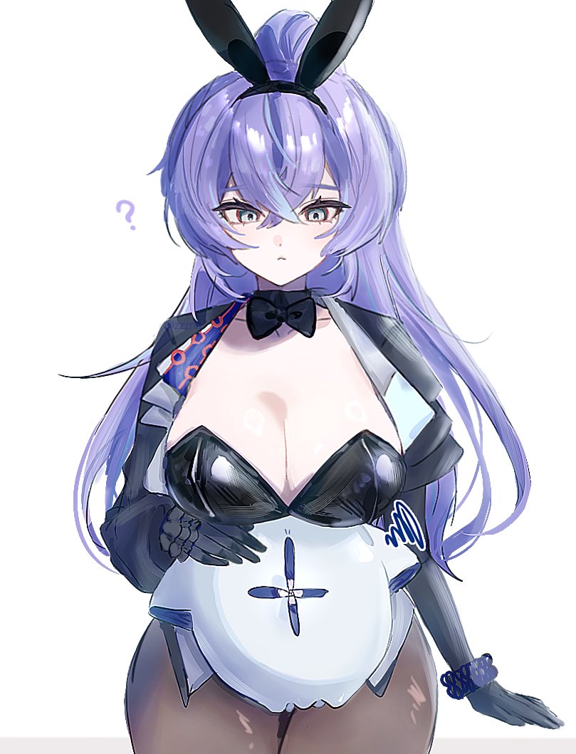 hoshirube sho, otomo (hoshirube sho), nijisanji, 1girl, ?, animal ears, black bow, black bowtie, black gloves, black jacket, black leotard, black pantyhose, bow, bowtie, breasts, cleavage, fake animal ears, genderswap, genderswap (mtf), gloves, grey eyes, jacket, large breasts, leotard, long hair, pantyhose, playboy bunny, purple hair, rabbit ears, simple background, solo, strapless, strapless leotard, white background, zzzrle