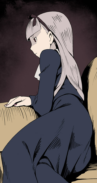 go robots, looking away, 1girl, dress, expressionless, female focus, fingernails, hair ribbon, leaning, long hair, nail polish, pale skin, purple hair, red eyes, ribbon, sitting, solo
