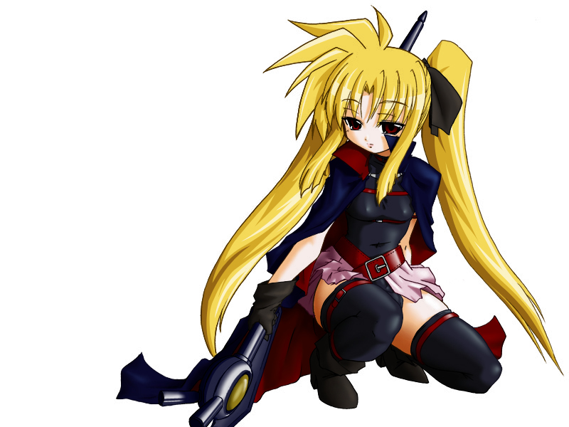 bardiche (nanoha), fate testarossa, lyrical nanoha, mahou shoujo lyrical nanoha, colorized, 00s, blonde hair, gloves, long hair, solo, thighhighs, twintails, very long hair