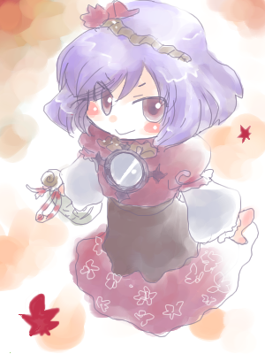 yasaka kanako, touhou, lowres, 1girl, chibi, female focus, hair ornament, layered sleeves, leaf hair ornament, long sleeves, short over long sleeves, short sleeves, solo