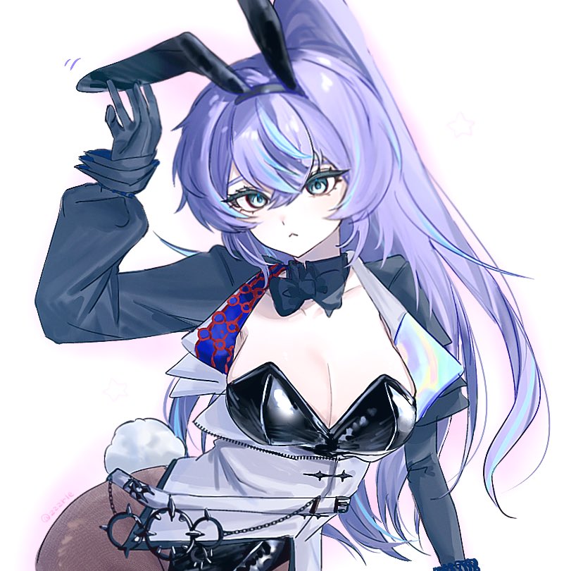hoshirube sho, nijisanji, 1girl, :<, animal ears, black bow, black bowtie, black gloves, black leotard, blue eyes, blue hair, bow, bowtie, breasts, brown pantyhose, cleavage, closed mouth, detached collar, fake animal ears, fake tail, fishnet pantyhose, fishnets, genderswap, genderswap (mtf), gloves, jacket, large breasts, leotard, long hair, long sleeves, multicolored hair, pantyhose, playboy bunny, ponytail, purple hair, rabbit ears, rabbit tail, simple background, solo, strapless, strapless leotard, streaked hair, tail, very long hair, white background, zzzrle