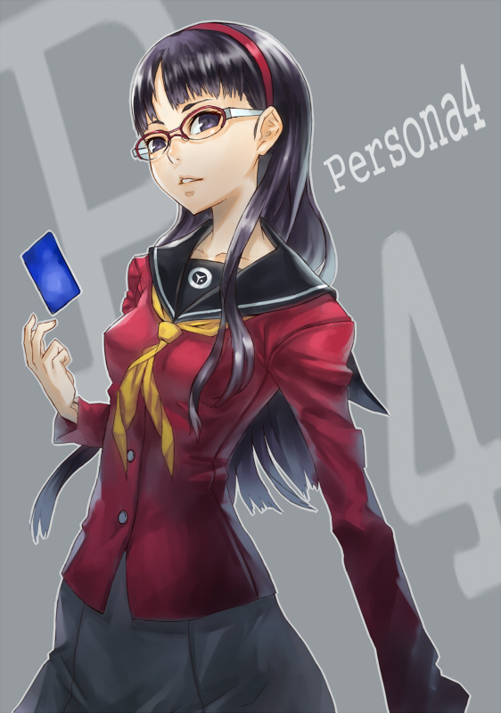 nidy, amagi yukiko, atlus, persona, persona 4, black hair, glasses, hairband, long hair, school uniform, serafuku, solo