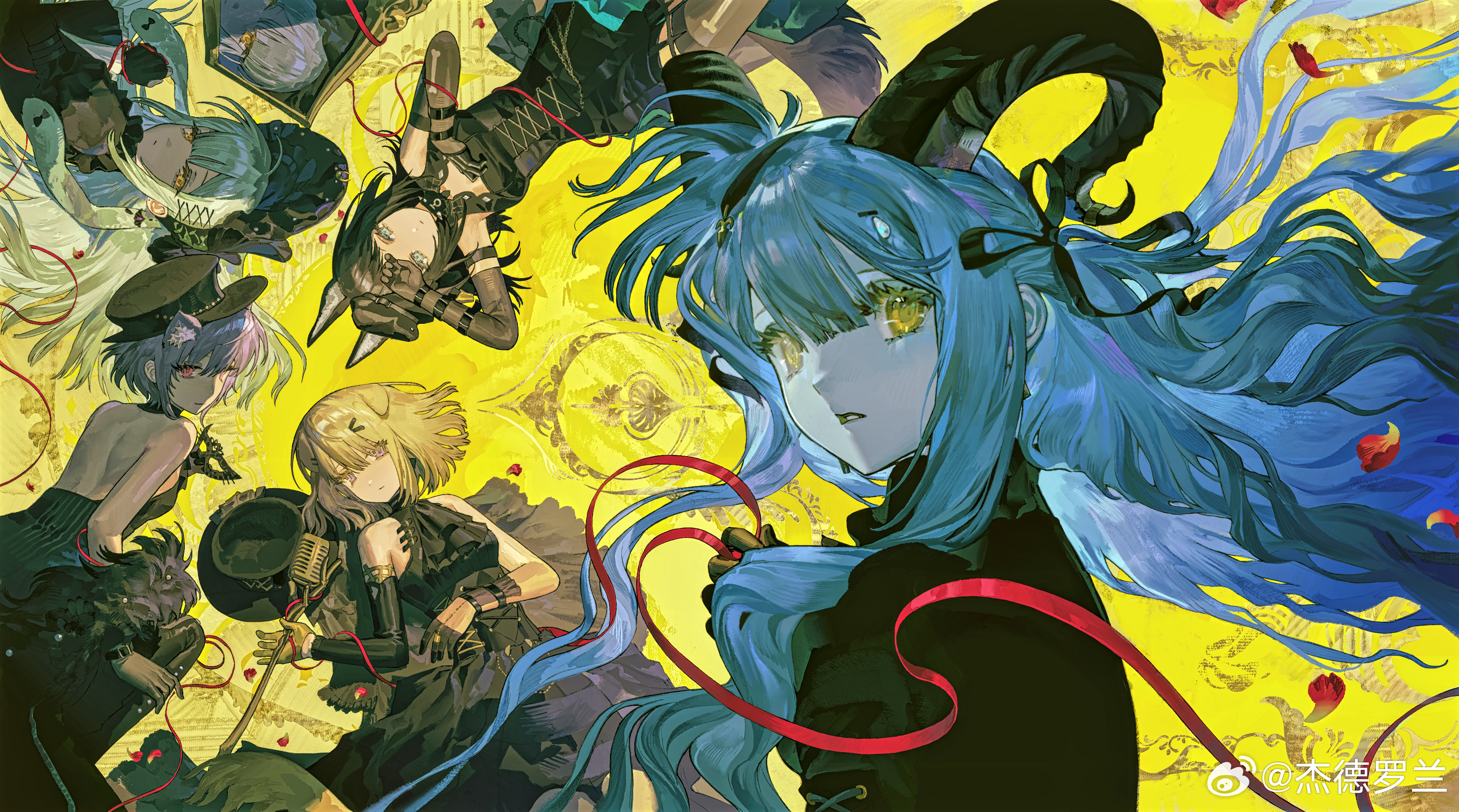 jadetilaurant, misumi uika, togawa sakiko, wakaba mutsumi, yahata umiri, yuutenji nyamu, arknights, ave mujica (bang dream!), bang dream!, bang dream! it's mygo!!!!!, absurdres, chinese commentary, commentary request, highres, 5girls, animal ears, ascot, black ascot, black bonnet, black dress, black gloves, black hair, black hat, black horns, black ribbon, blonde hair, blue eyes, blue hair, bonnet, cat ears, cat girl, closed mouth, curled horns, detached collar, dog ears, dog girl, dress, elbow gloves, floating hair, floppy ears, gloves, gothic lolita, green hair, hair ribbon, hat, horns, kemonomimi mode, lolita fashion, long hair, long sleeves, looking at viewer, lying, medium hair, misumi uika (caged singer), multiple girls, on back, purple eyes, purple hair, rabbit ears, rabbit girl, ribbon, short hair, sidelocks, togawa sakiko (master of melodia), upper body, wakaba mutsumi (marionette's id), watermark, weibo watermark, wolf ears, wolf girl, yahata umiri (moonlight executioner), yellow background, yellow eyes, yuutenji nyamu (magician of passion)