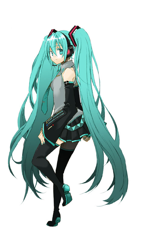 logicon, hatsune miku, vocaloid, aqua eyes, aqua hair, detached sleeves, headset, long hair, skirt, solo, thighhighs, twintails