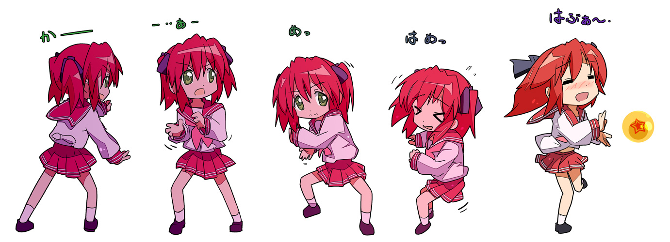 ixy, kobayakawa yutaka, dragon ball, dragonball z, lucky star, commentary, long image, translated, wide image, > <, = =, blush, closed eyes, dragon ball (object), failure, kamehameha (dragon ball), parody, school uniform, sequential, serafuku