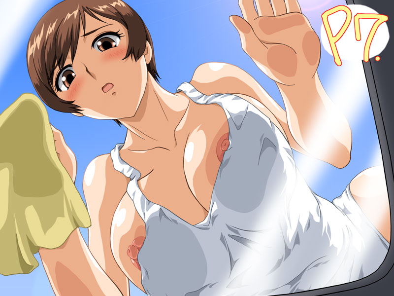 toushi ryoku, toyohara etsuko, super real mahjong, 1girl, against glass, breast press, breasts, breasts on glass, brown hair, car wash, cleavage, female focus, huge breasts, large breasts, nipple slip, nipples, short hair, solo, washing vehicle