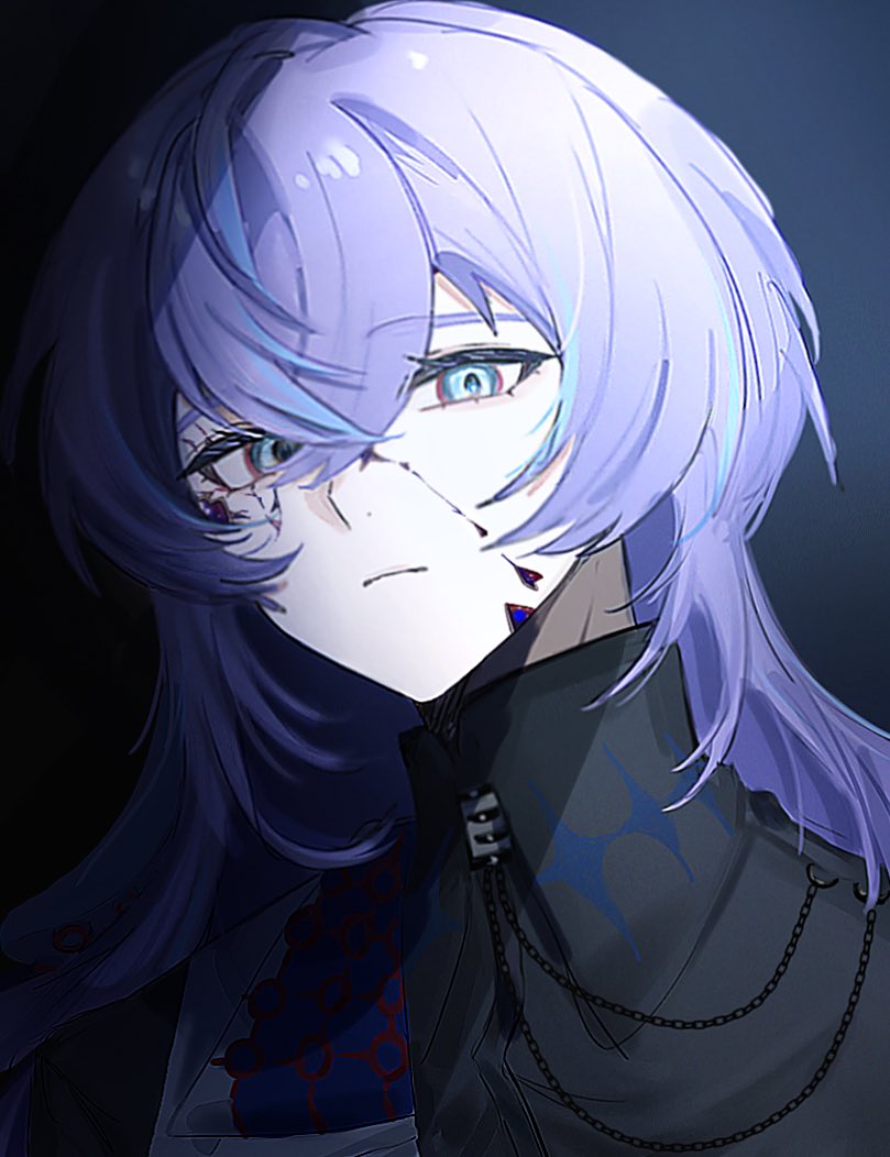 hoshirube sho, hoshirube sho (1st costume), nijisanji, 1boy, black background, black shirt, blood, blue eyes, closed mouth, collared shirt, cracked skin, expressionless, hair between eyes, heterochromia, long hair, looking at viewer, multicolored hair, purple hair, shirt, solo, streaked hair, upper body, zzzrle