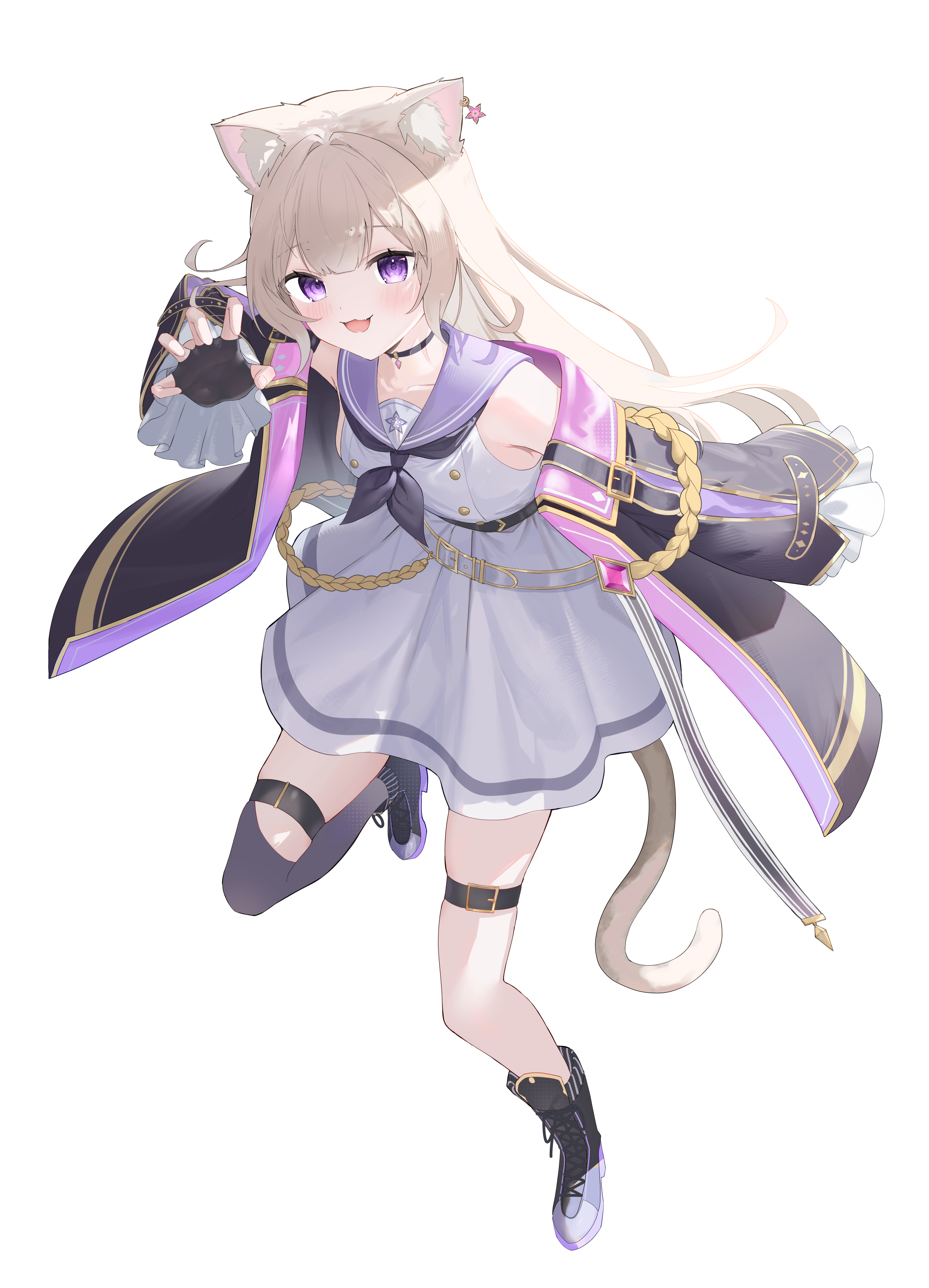 aki uzuki3, yozuna niu, neo-porte, absurdres, commentary, hashtag-only commentary, highres, 1girl, animal ear piercing, animal ears, black gloves, black neckerchief, blonde hair, blush, boots, fingerless gloves, full body, gloves, jacket, long hair, looking at viewer, neckerchief, open clothes, open jacket, open mouth, purple eyes, simple background, solo, tail, thigh strap, virtual youtuber, white background