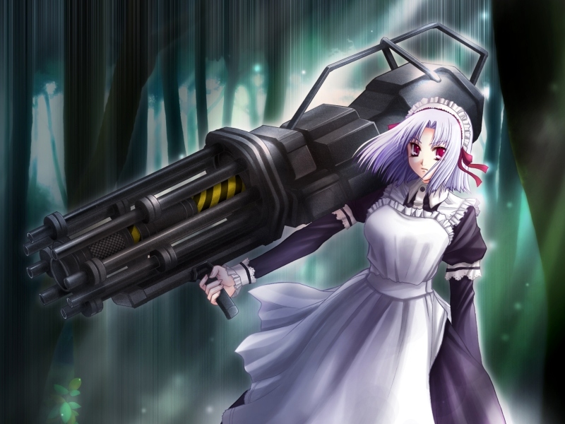 ueda metawo, yulia alexeevna belaya, extravaganza, game cg, 1girl, apron, blue hair, combat maid, female focus, gun, huge weapon, maid, maid apron, red eyes, solo, weapon