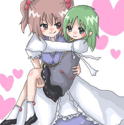 setsuna (pixiv), onozuka komachi, shiki eiki, touhou, bad id, bad pixiv id, lowres, 2girls, carrying, female focus, heart, heart background, multiple girls, no headwear, princess carry