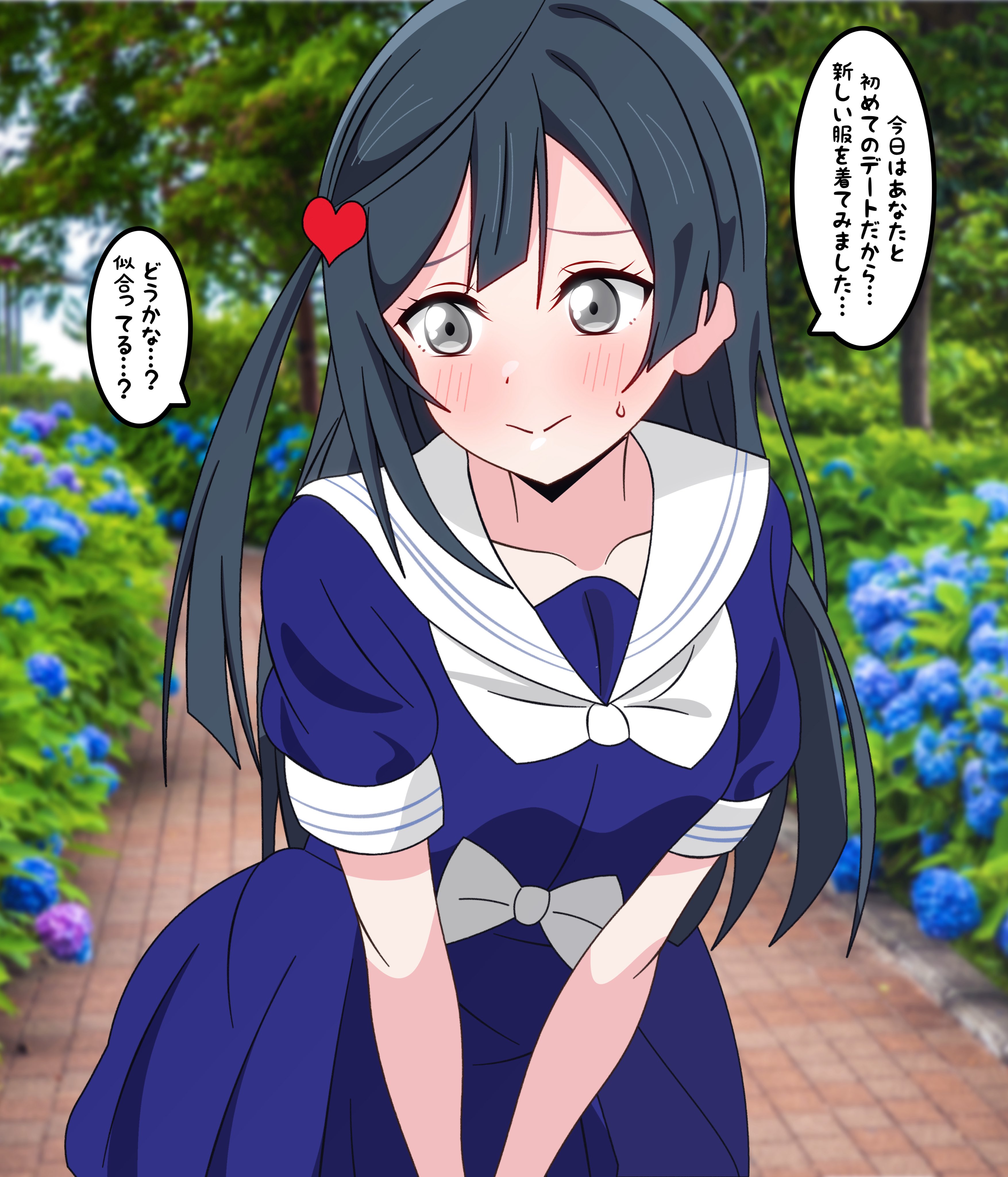 shinonome sakura, yuki setsuna, love live!, love live! nijigasaki high school idol club, absurdres, commentary, highres, translated, 1girl, black hair, blue dress, blush, closed mouth, collarbone, dress, furrowed brow, grey eyes, hair ornament, heart, heart hair ornament, long hair, one side up, outdoors, sailor collar, short sleeves, sidelocks, solo, speech bubble, standing, sweat, upper body, white sailor collar