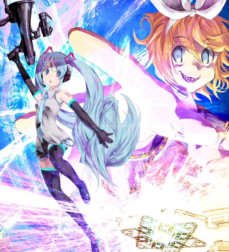 kusobaka, hatsune miku, kagamine rin, vocaloid, bad id, bad pixiv id, crazy eyes, gun, long hair, megaphone, necktie, teeth, thighhighs, twintails, very long hair, weapon