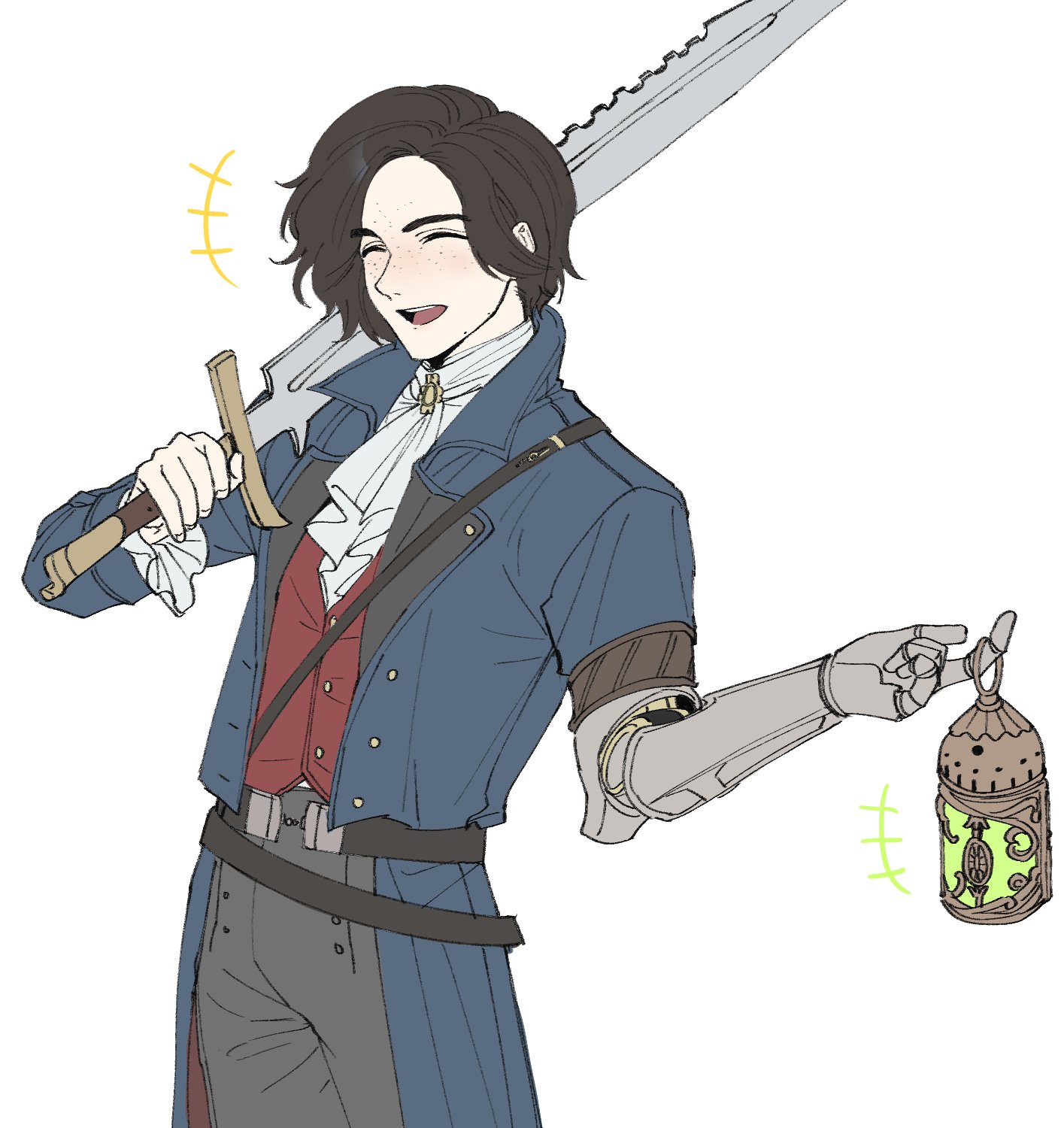 xxq 002, pinocchio (lies of p), lies of p, highres, korean commentary, 1boy, ^ ^, ascot, belt, black belt, black hair, black pants, blue coat, closed eyes, coat, cowboy shot, freckles, holding, holding lantern, holding sword, holding weapon, lantern, long coat, long sleeves, male focus, open mouth, over shoulder, pants, prosthesis, prosthetic arm, red vest, short hair, simple background, smile, solo, standing, sword, vest, weapon, weapon over shoulder, white ascot, white background