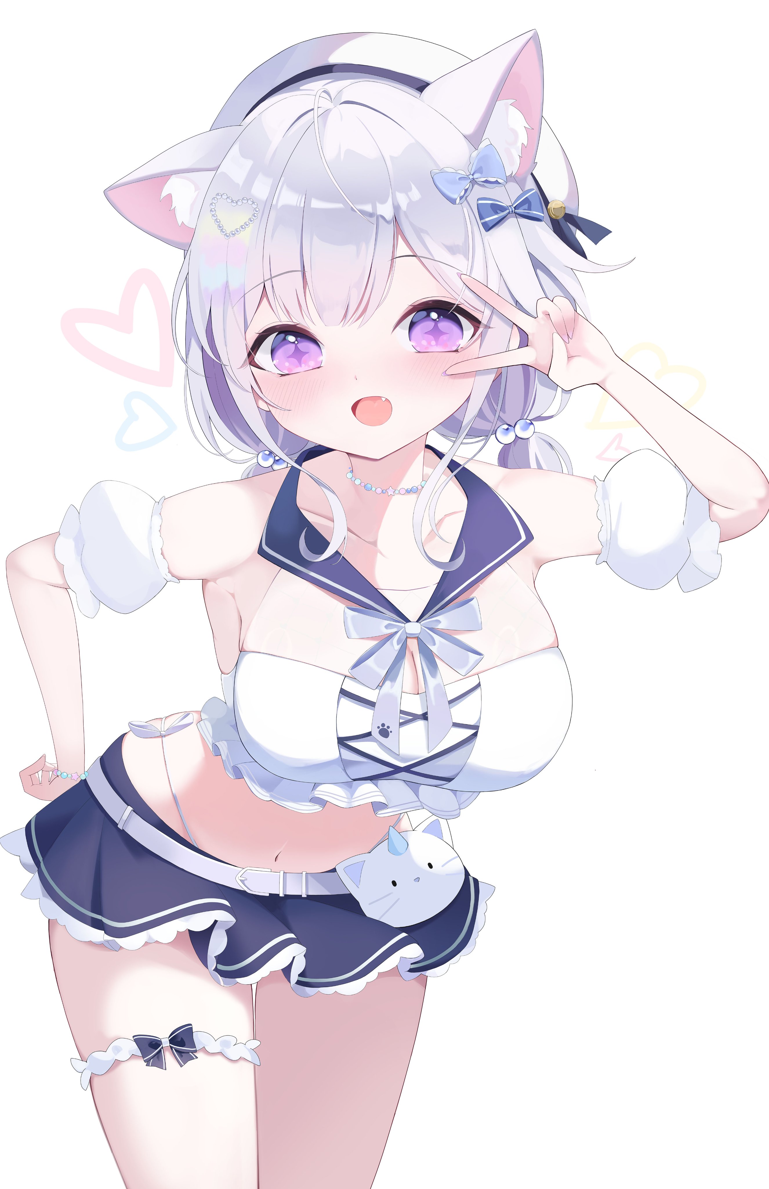 ayatsuno yuni, stellive, absurdres, commentary request, highres, korean commentary, 1girl, animal ear fluff, animal ears, armband, armpits, arnyang (ayatsuno yuni), belt, beret, bikini, bikini under clothes, blue bow, blue sailor collar, blue skirt, bow, bow bikini, bracelet, breasts, cat ears, cleavage, collarbone, cowboy shot, fang, frilled armband, frilled bikini, frills, grey belt, grey bow, grey hair, hand on own hip, hand up, hat, heart, highleg, highleg bikini, jewelry, large breasts, leaning forward, looking at viewer, medium hair, microskirt, navel, necklace, open mouth, parted bangs, paw print, print bow, purple eyes, sailor bikini, sailor collar, side-tie bikini bottom, simple background, skirt, smile, solo, standing, star-shaped pupils, star (symbol), stomach, swimsuit, symbol-shaped pupils, thigh bow, thigh strap, unya unya (jm28963), v, virtual youtuber, white armband, white background, white bikini, white hat