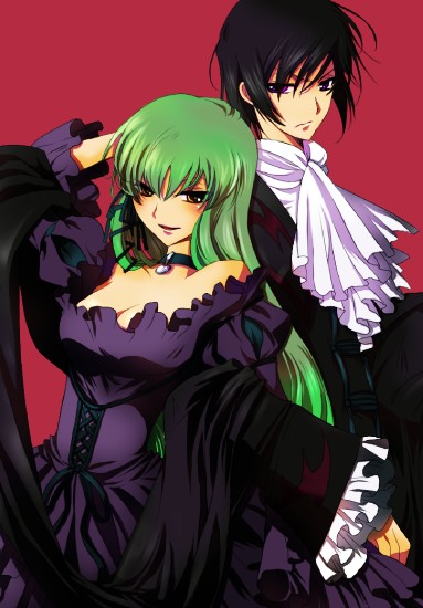 c.c., lelouch vi britannia, code geass, 00s, 1boy, 1girl, bare shoulders, blush, breasts, choker, cleavage, couple, dress, green hair, large breasts, long hair, strapless, strapless dress, yellow eyes