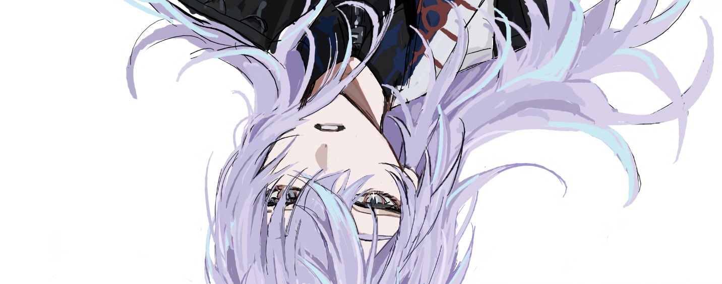 hoshirube sho, hoshirube sho (1st costume), nijisanji, 1boy, aqua hair, black jacket, black shirt, blue hair, grey eyes, hair between eyes, jacket, long hair, looking at viewer, male focus, multicolored hair, mushikunna, official alternate costume, parted lips, portrait, purple hair, shirt, simple background, solo, streaked hair, teeth, upside-down, virtual youtuber, white background, white jacket