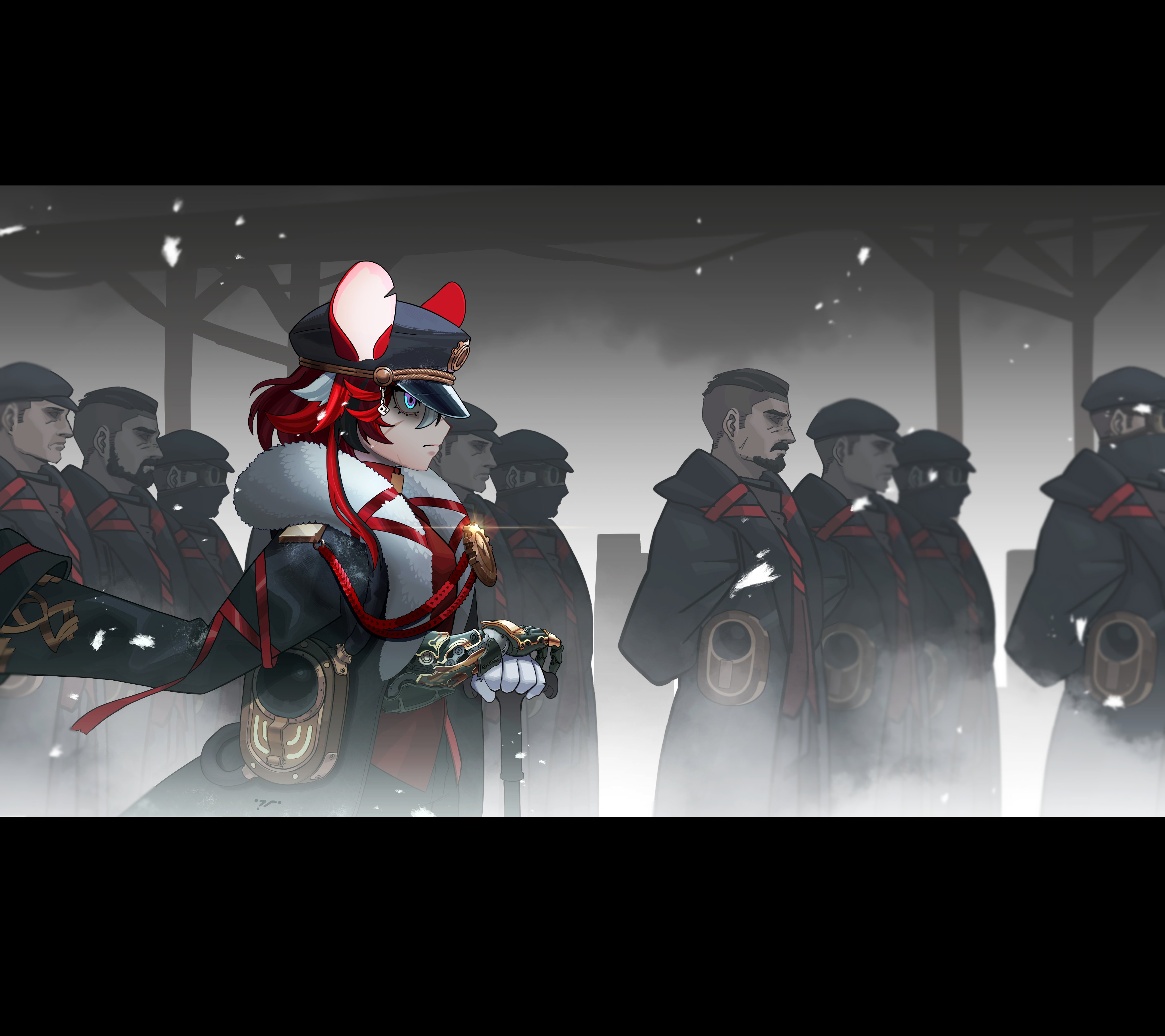 canister (pixiv), hakos baelz, hakos baelz (steel rose), hololive, hololive english, absurdres, highres, 1girl, animal ears, black hair, blue eyes, fur trim, gloves, military uniform, mouse ears, mouse girl, multicolored hair, multiple boys, official alternate costume, red hair, streaked hair, virtual youtuber, white hair