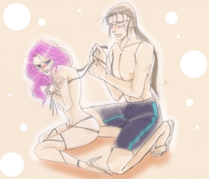 cornelia li britannia, gilbert g.p. guilford, code geass, 00s, 1boy, bikini, blush, covering privates, purple eyes, purple hair, swimsuit, undressing