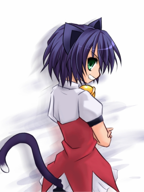yuizaki hizumi, midarezaki kyouka, kyouran kazoku nikki, 00s, animal ears, cat ears, cat tail, green eyes, looking back, purple hair, short hair, solo, tail