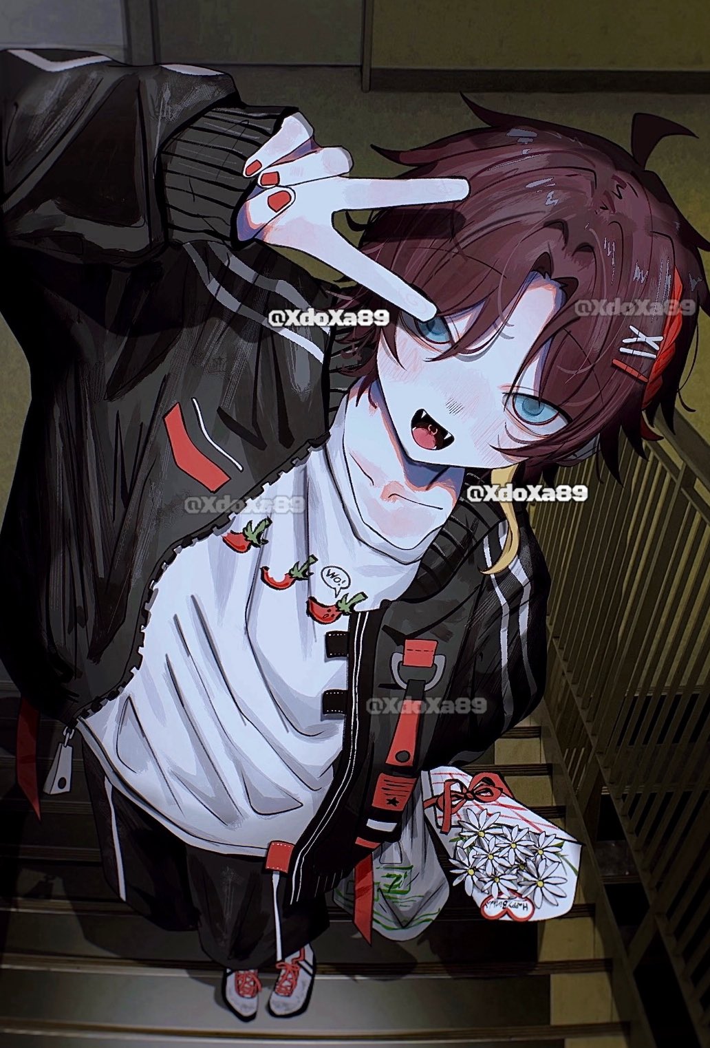 xdoxa89, saegusa akina, saegusa akina (4th costume), nijisanji, highres, 1boy, black jacket, black pants, blue eyes, brown hair, english text, fangs, full body, hair ornament, holding, jacket, long sleeves, looking at viewer, male focus, multicolored hair, open clothes, open jacket, open mouth, pants, red hair, red nails, shirt, shoes, short hair, sneakers, solo, stairs, v, virtual youtuber, white shirt