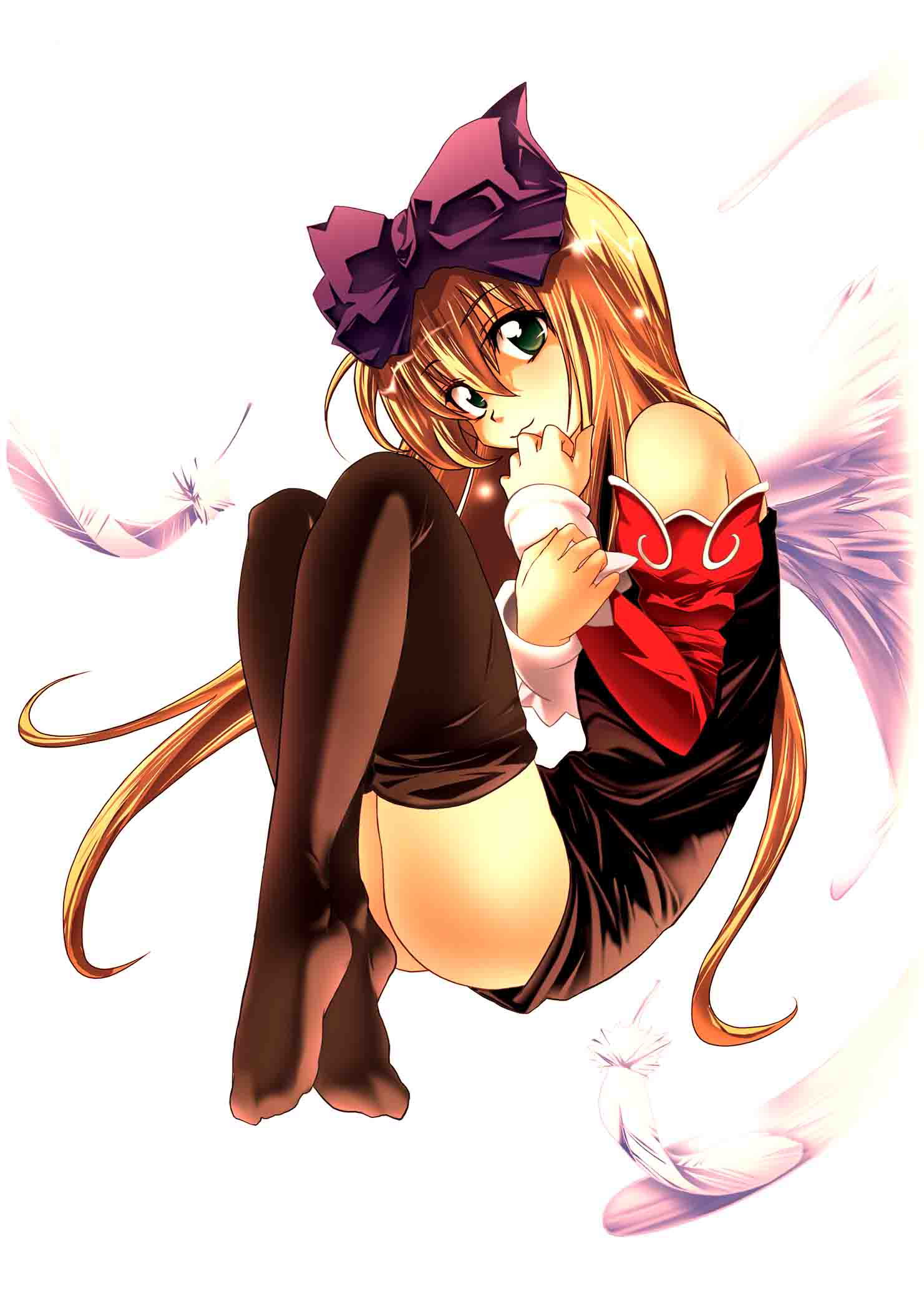 highres, blonde hair, feathers, long hair, ribbon, skirt, solo, thighhighs, toe scrunch, wings