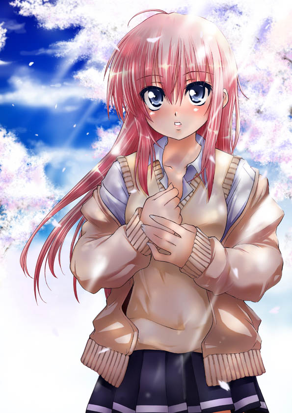 tagme, blue eyes, blush, long hair, pink hair, school uniform, serafuku, solo