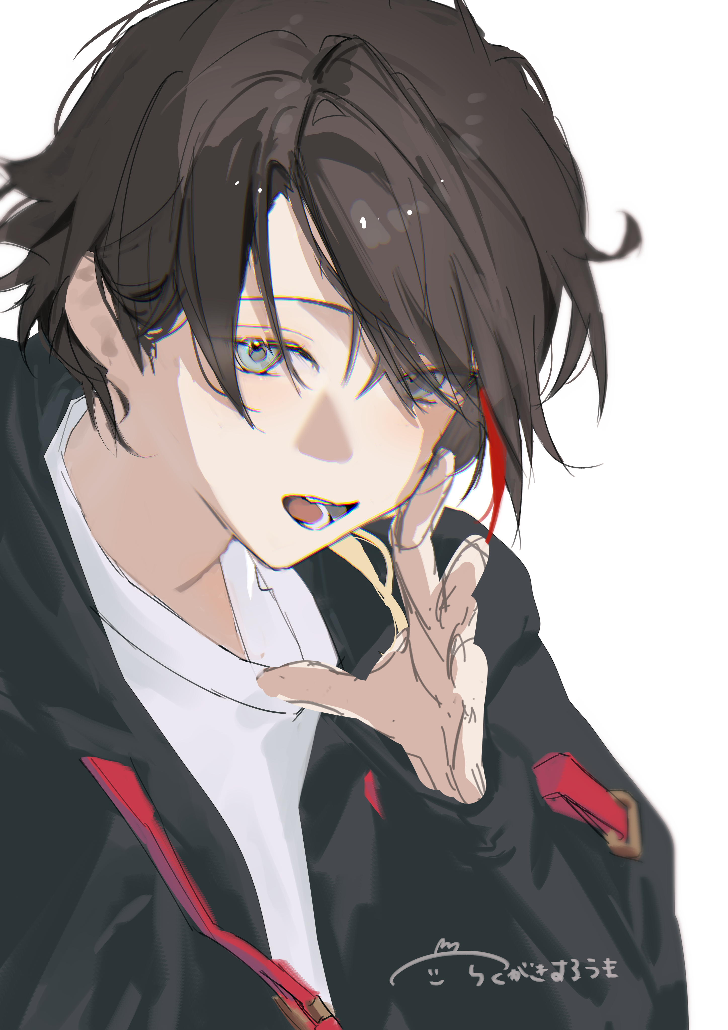 uchuneko m, saegusa akina, saegusa akina (4th costume), nijisanji, absurdres, highres, 1boy, black hair, black jacket, brown hair, grey eyes, hood, jacket, long sleeves, looking at viewer, lower teeth only, male focus, multicolored hair, open mouth, red hair, shirt, short hair, signature, simple background, solo, streaked hair, teeth, upper body, virtual youtuber, white background, white shirt