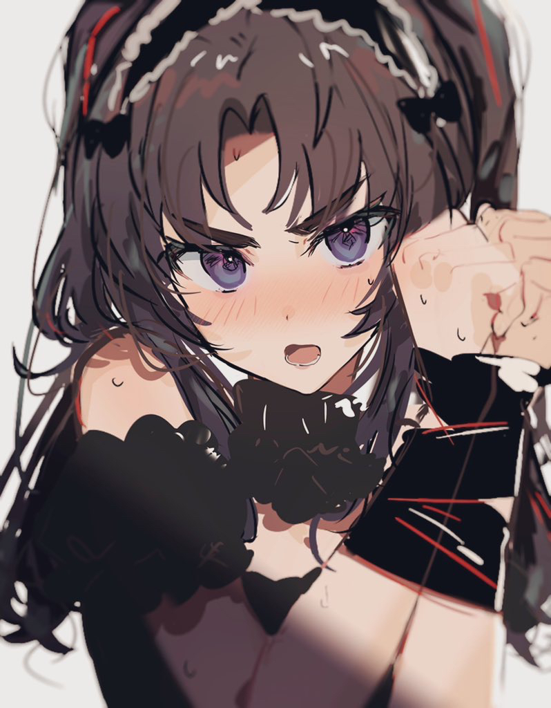 imamiya pinoko, original, 1boy, ayase ayato (imamiya pinoko), black hair, blue eyes, bound, bound wrists, crossdressing, crossdressing (mtf), long hair, looking at viewer, simple background, solo, sweat, trap, upper body