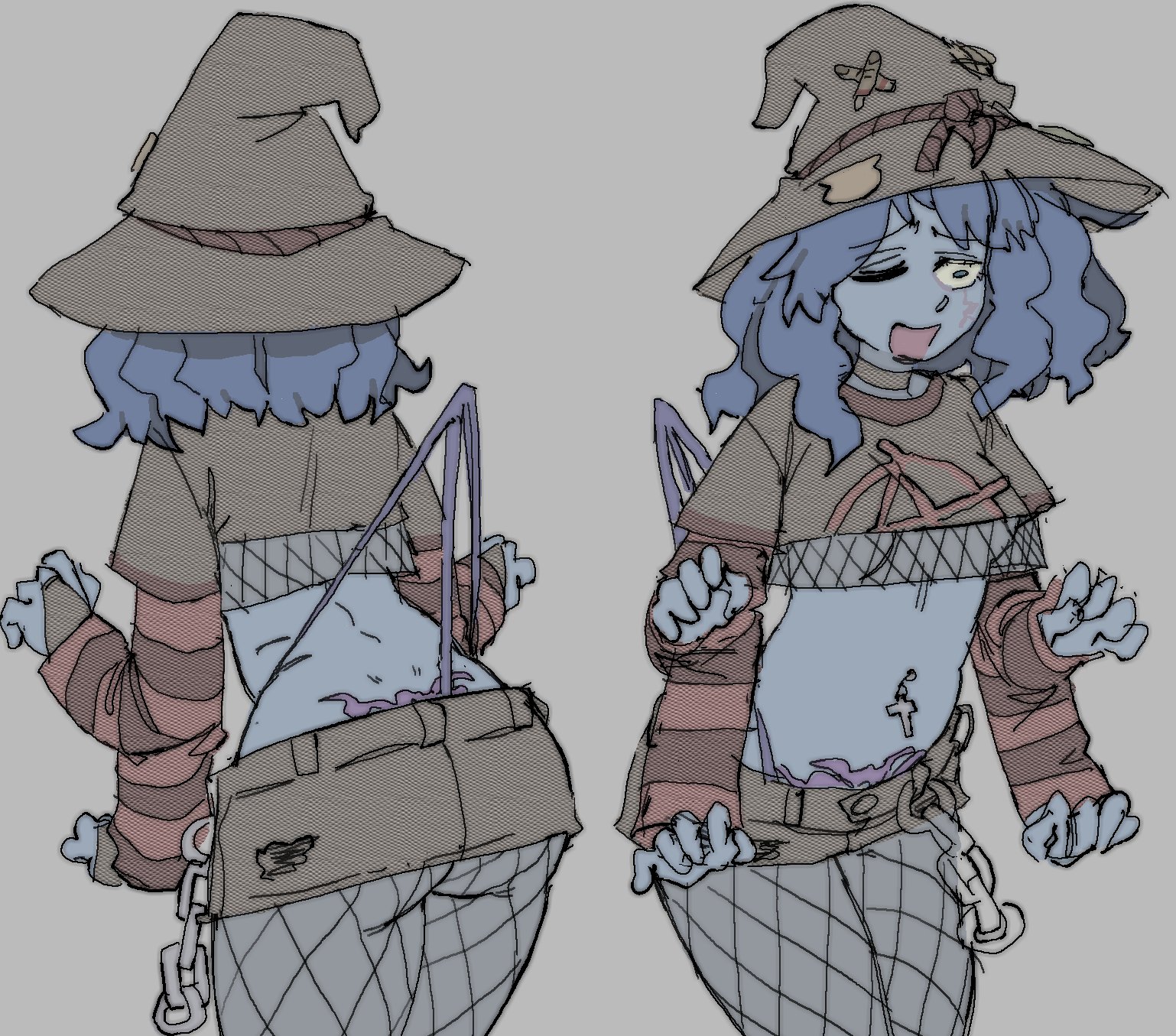 pantsu-ripper, ranni the witch, elden ring, highres, 1girl, alternate costume, ass, back tattoo, blue eyes, blue hair, blue skin, breasts, brown shirt, brown shorts, choker, colored skin, cowboy shot, crop top, extra arms, fishnet pantyhose, fishnets, grey background, hand on own hip, hat, horizontal-striped sleeves, medium hair, micro shorts, one eye closed, open mouth, panty straps, pantyhose, pubic tattoo, shirt, shorts, simple background, small breasts, solo focus, standing, steepled fingers, striped sleeves, surprised, tattoo, thong, tramp stamp, underboob, wedgie, wide-eyed, witch hat