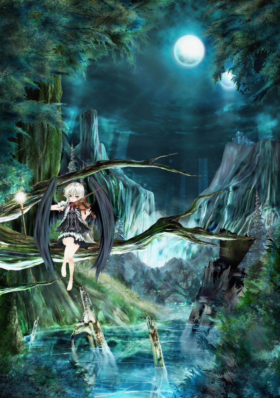 highres, dress, forest, instrument, mountain, nature, scenery, solo, violin, water, wings
