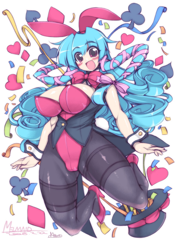 mel/a, melmaid, animal ears, blue hair, blush, breasts, fake animal ears, hat, high heels, hip focus, large breasts, long hair, pantyhose, playboy bunny, rabbit ears, red eyes, wide hips