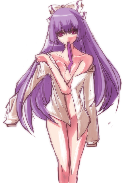 sa haru, fujiwara no mokou, touhou, 1girl, bottomless, female focus, long hair, mouth hold, open clothes, open shirt, purple hair, red eyes, shirt, solo