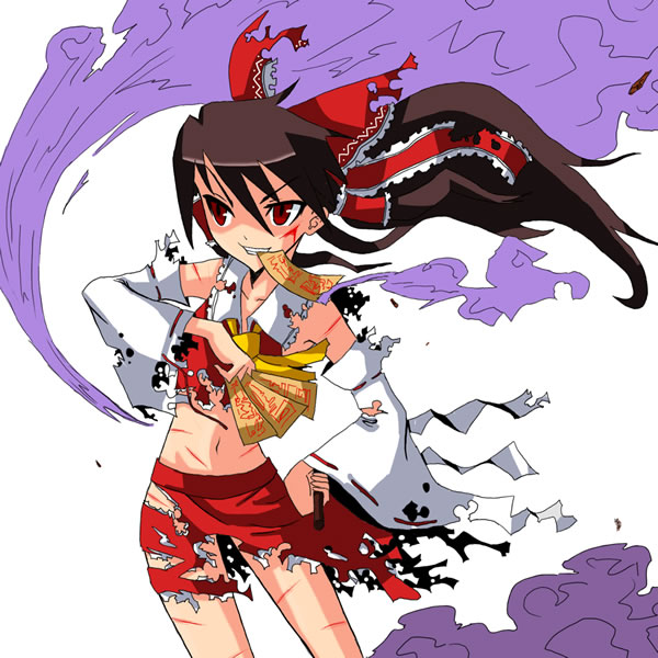 ke-su, hakurei reimu, touhou, bad id, bad pixiv id, 1girl, black hair, blood, female focus, long hair, navel, red eyes, smoke, solo, torn clothes