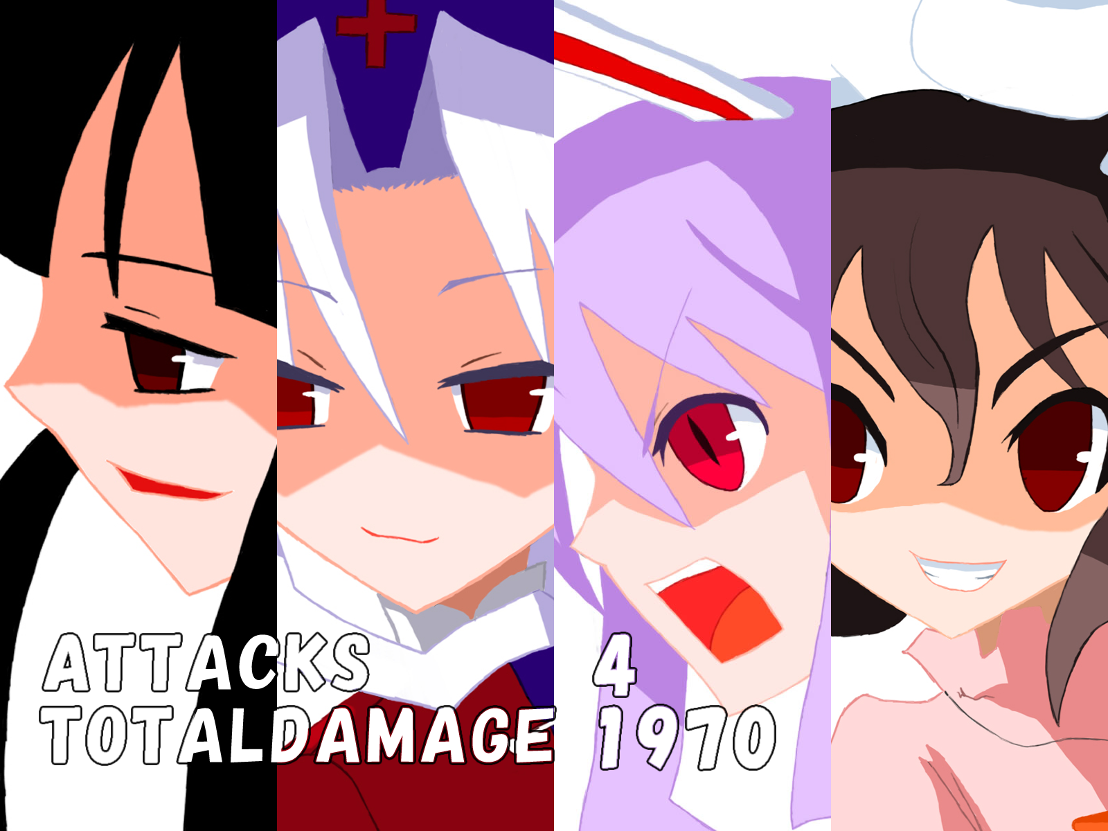 ke-su, houraisan kaguya, inaba tewi, reisen udongein inaba, yagokoro eirin, disgaea, touhou, light purple hair, bad id, bad pixiv id, highres, md5 mismatch, 4girls, :3, animal ears, black hair, brown eyes, brown hair, column lineup, cut-in, female focus, grin, long hair, multiple girls, open mouth, parody, portrait, rabbit ears, red eyes, short hair, slit pupils, smile, smirk, white hair