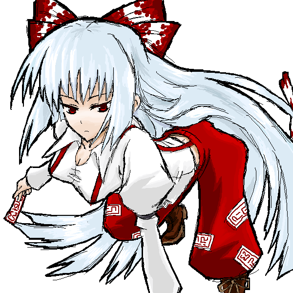 sourouhoukeisotin, fujiwara no mokou, touhou, 1girl, albino, breasts, female focus, red eyes, simple background, solo, white background, white hair