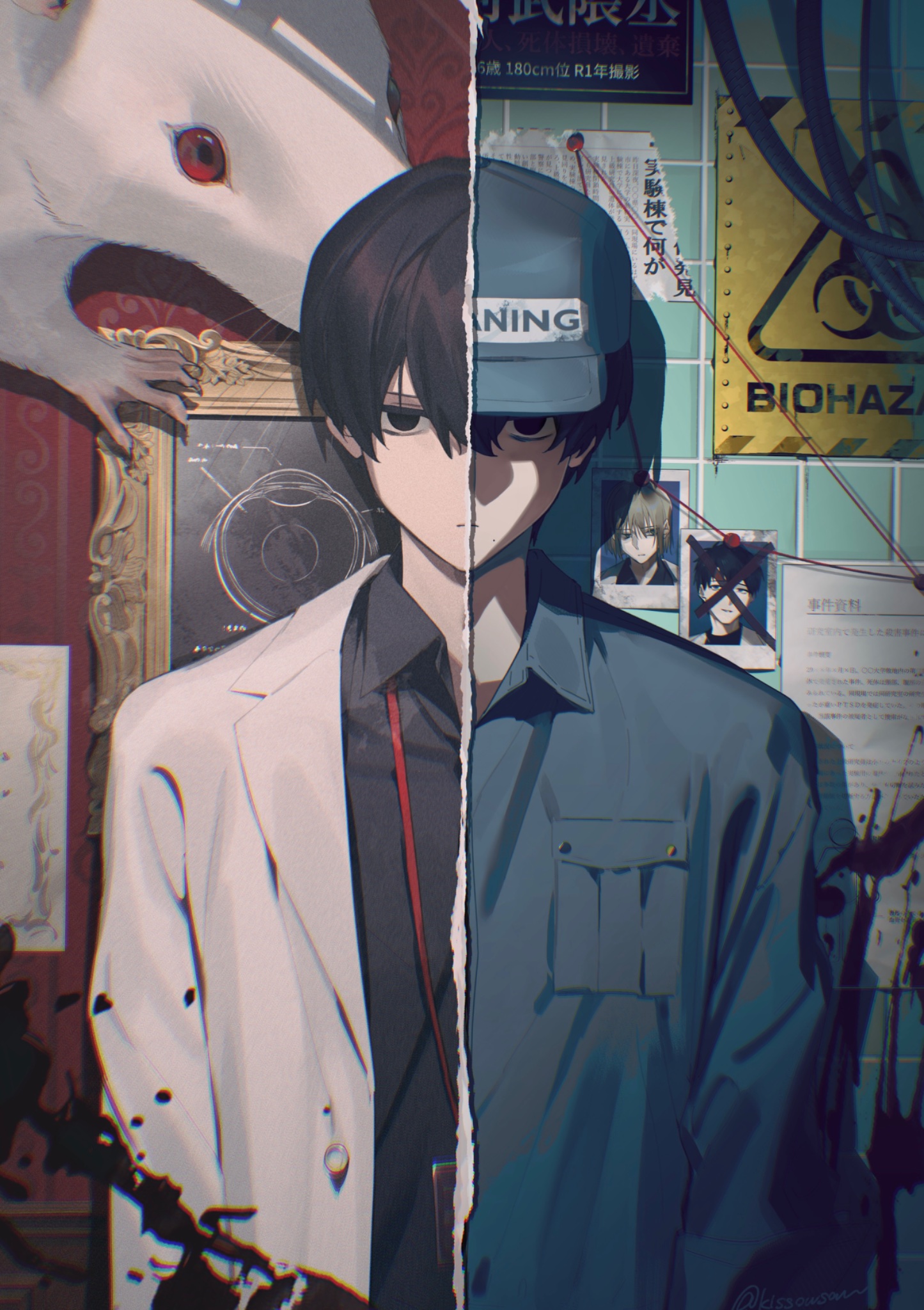 kissousan, original, commentary request, highres, 1boy, albino, animal, black eyes, black hair, black shirt, blue hat, blue shirt, closed mouth, clothes writing, collared shirt, hair between eyes, hat, lab coat, lanyard, long sleeves, male focus, mole, mole under mouth, mouse (animal), open clothes, paper, photo (object), red eyes, shirt, sign, split image, tile wall, tiles, upper body